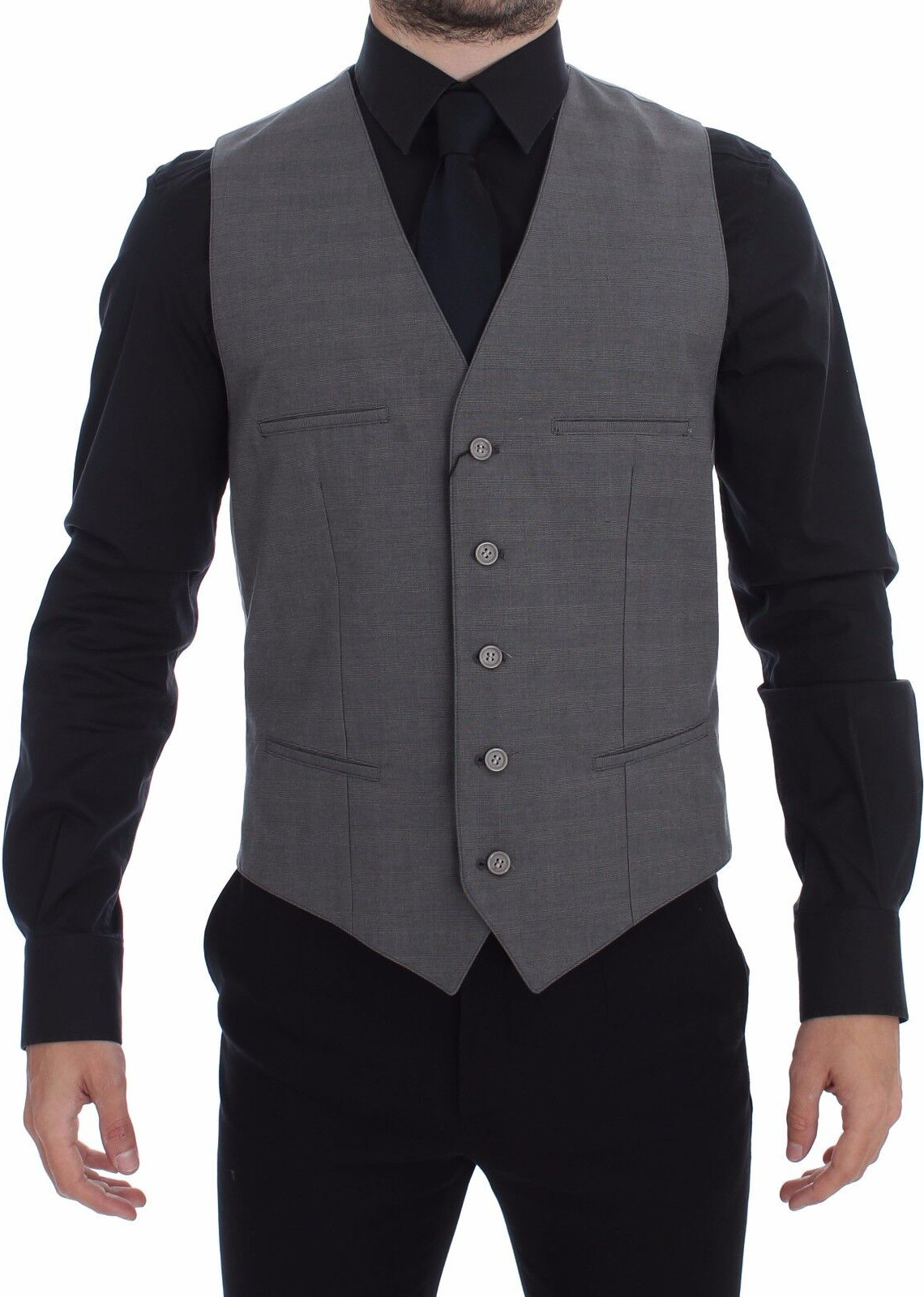 Vest Dolce & Gabbana Gray Cotton Slim Fit Button Front Dress Vest