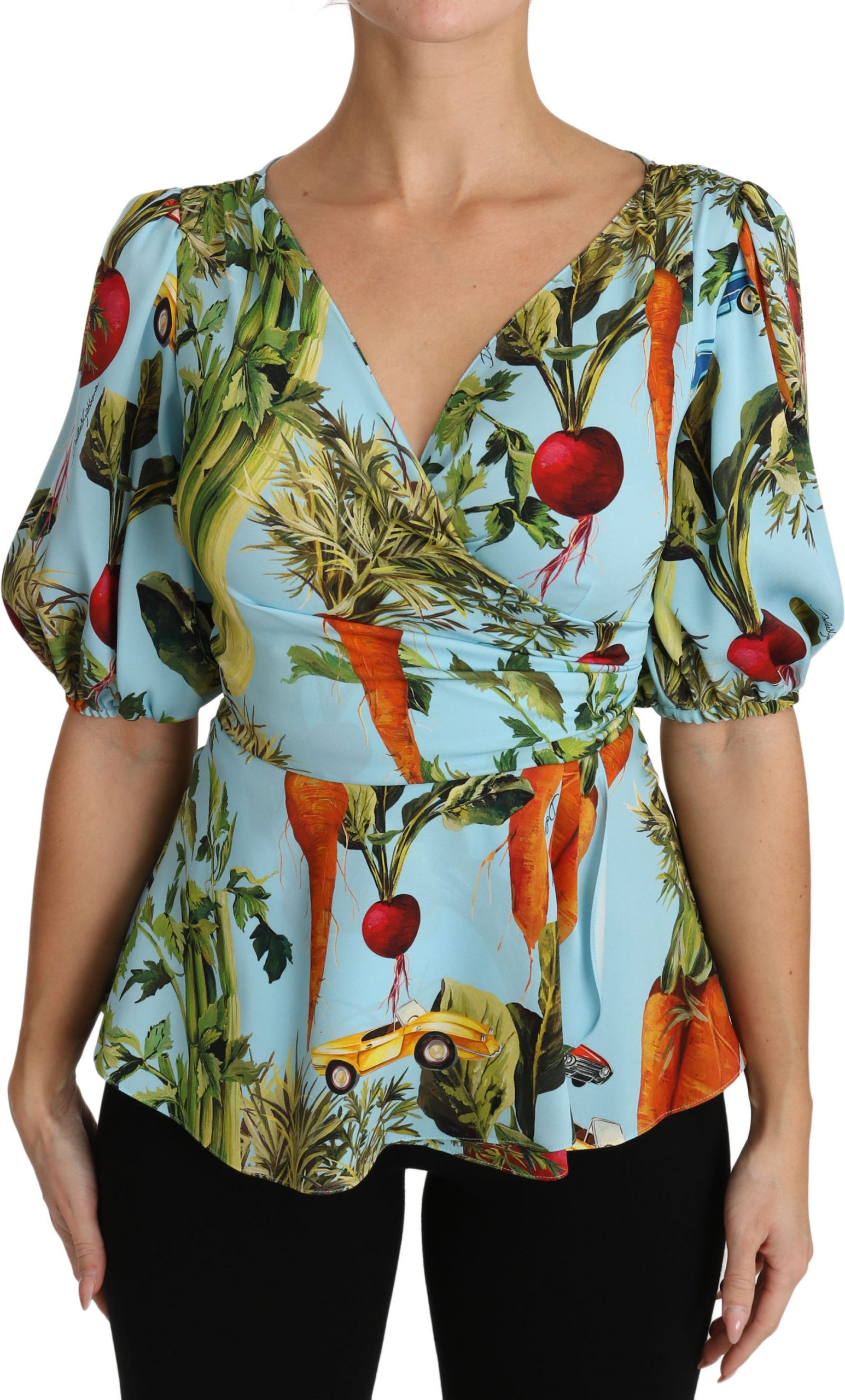 Dolce & Gabbana multicolorli sabzavot printli ipak bluzkasi