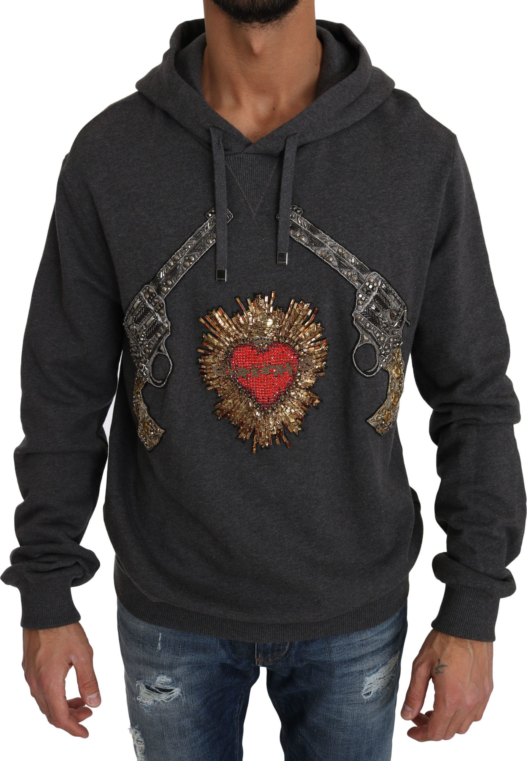 Dolce & Gabbana Jentil Pullover Sviter Kulrang Kapyuchonli Qizil Kristalli Yurak Chekilgan Guldon