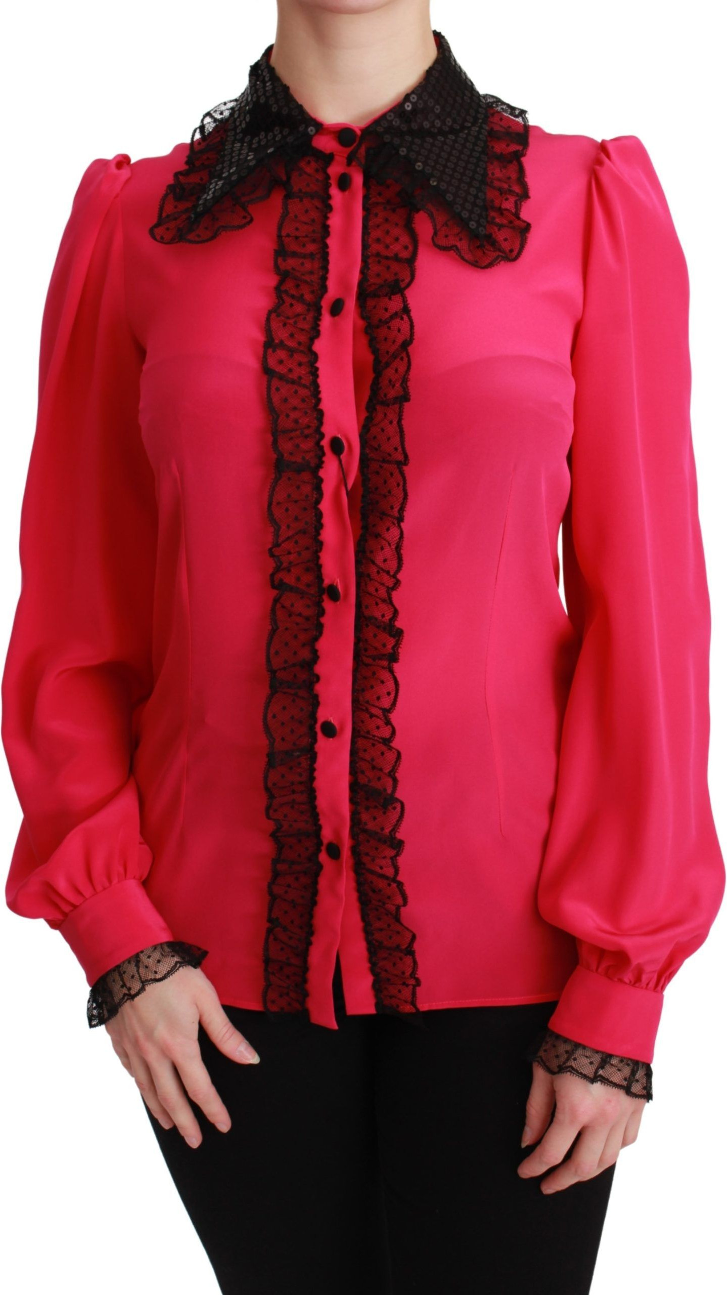 Blouse Dolce & Gabbana Pink Silk Black Sequin Lace Shirt