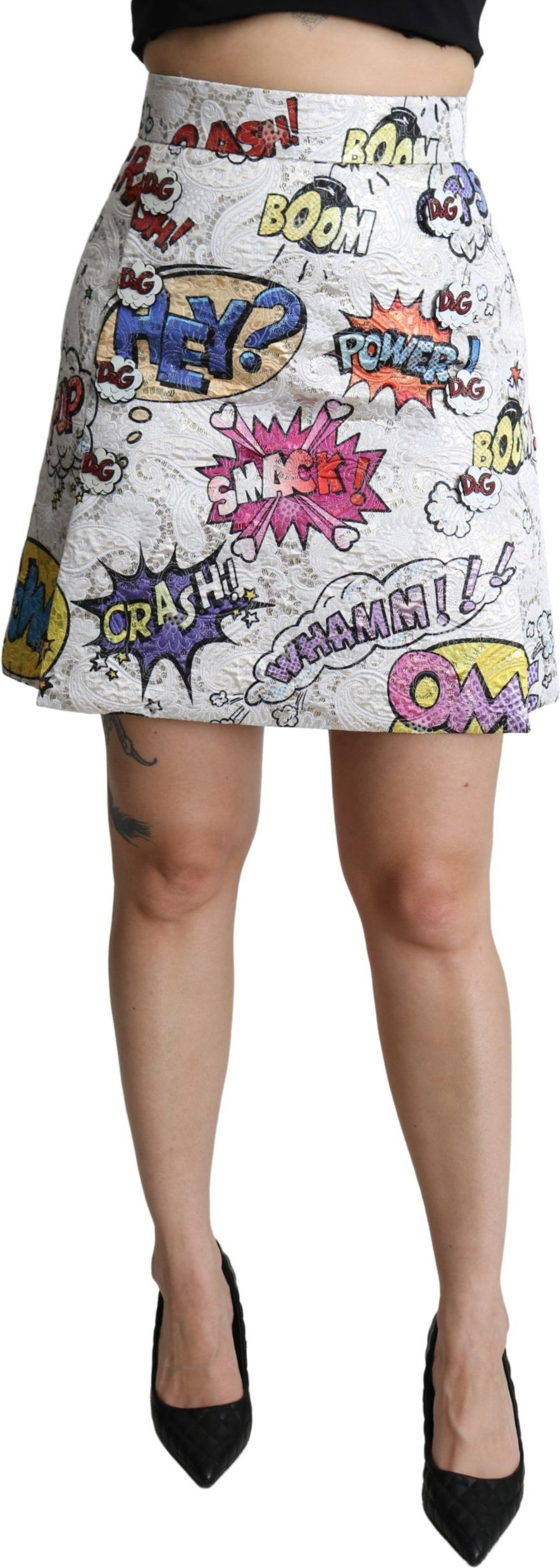 Dolce & Gabbana yubkasi, oq rangli multfilmli brokada, A-siluetli, baland bel