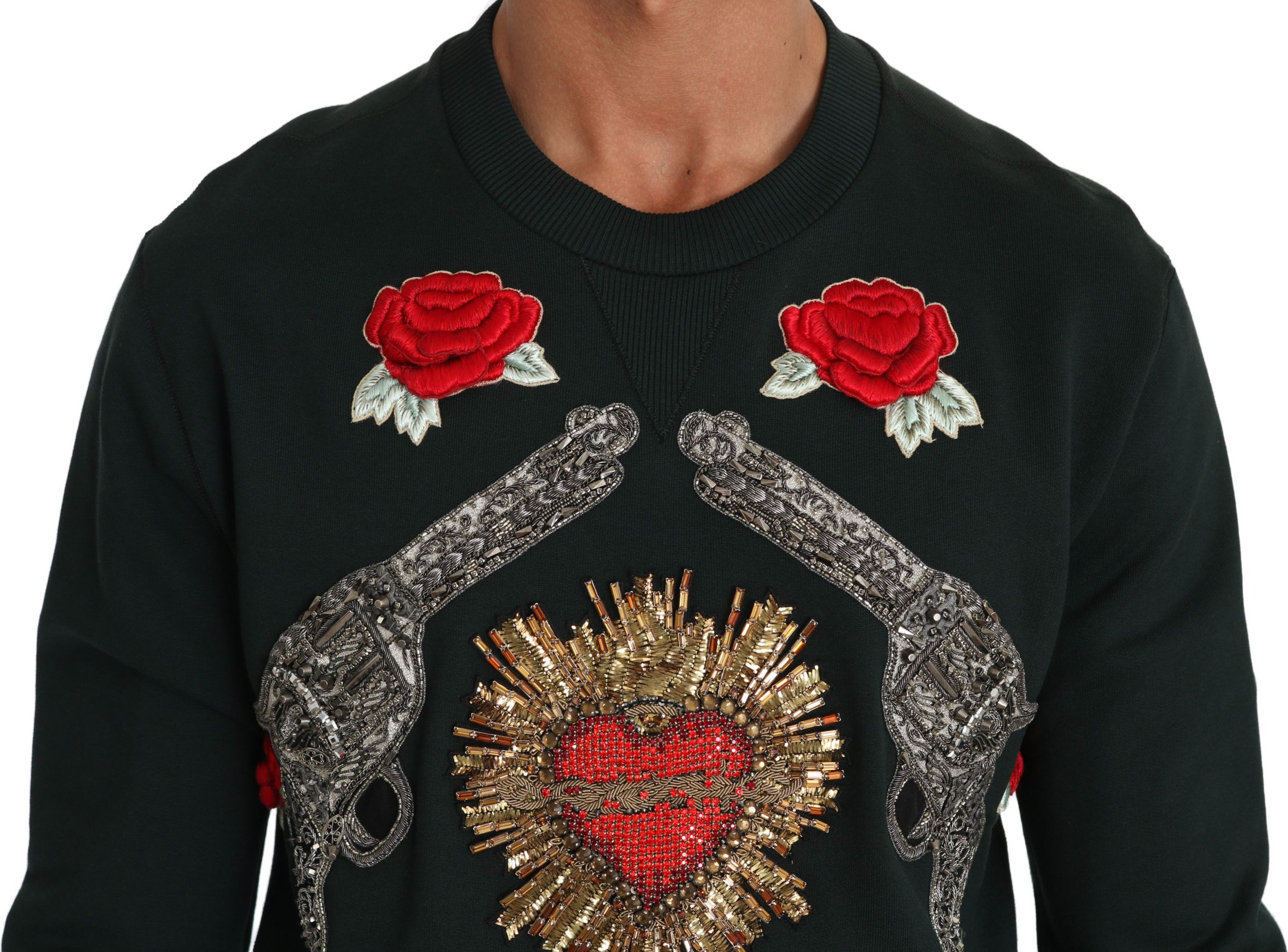 Jumper Dolce & Gabbana Green Crystal Heart Roses Gun