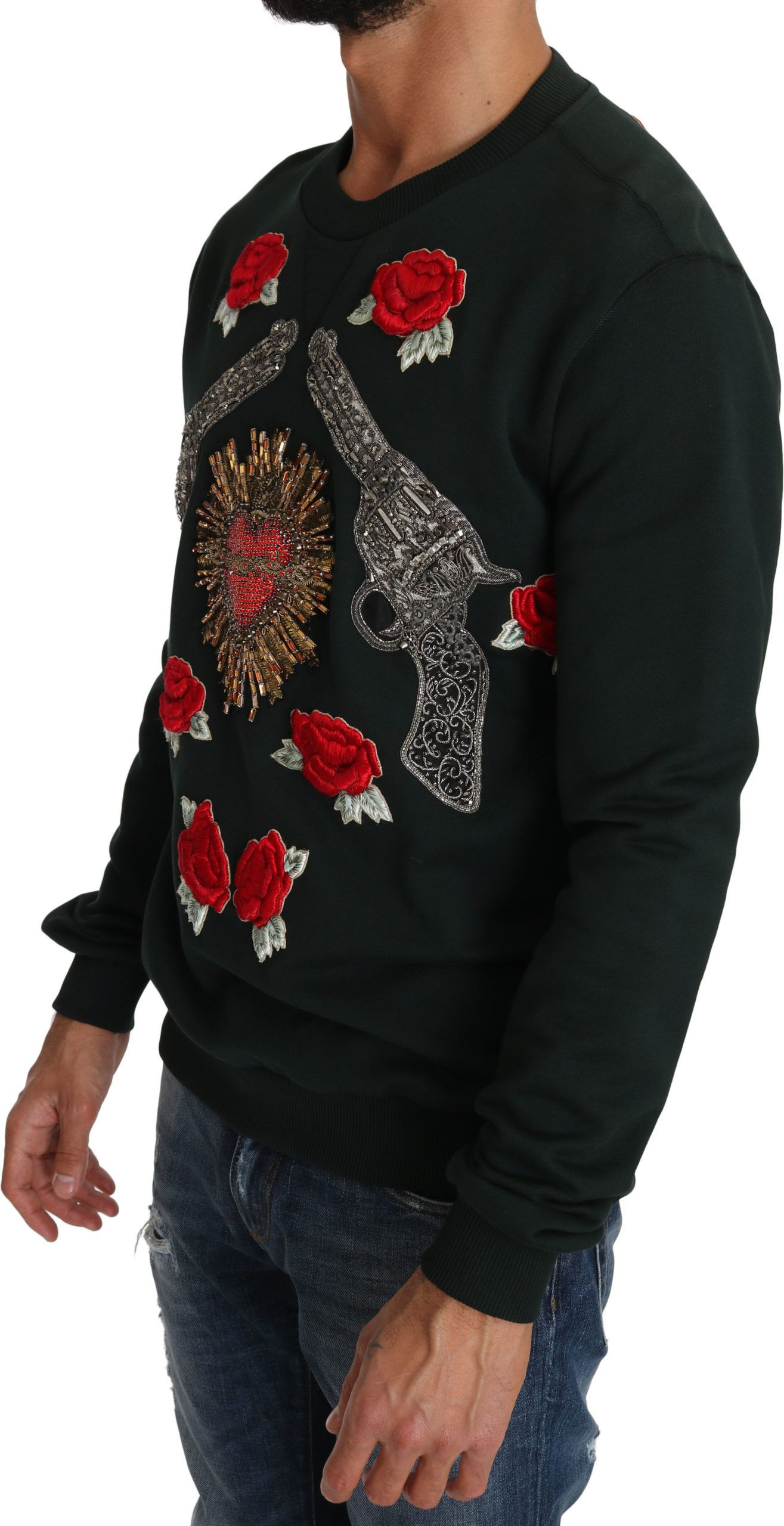 Jumper Dolce & Gabbana Green Crystal Heart Roses Gun