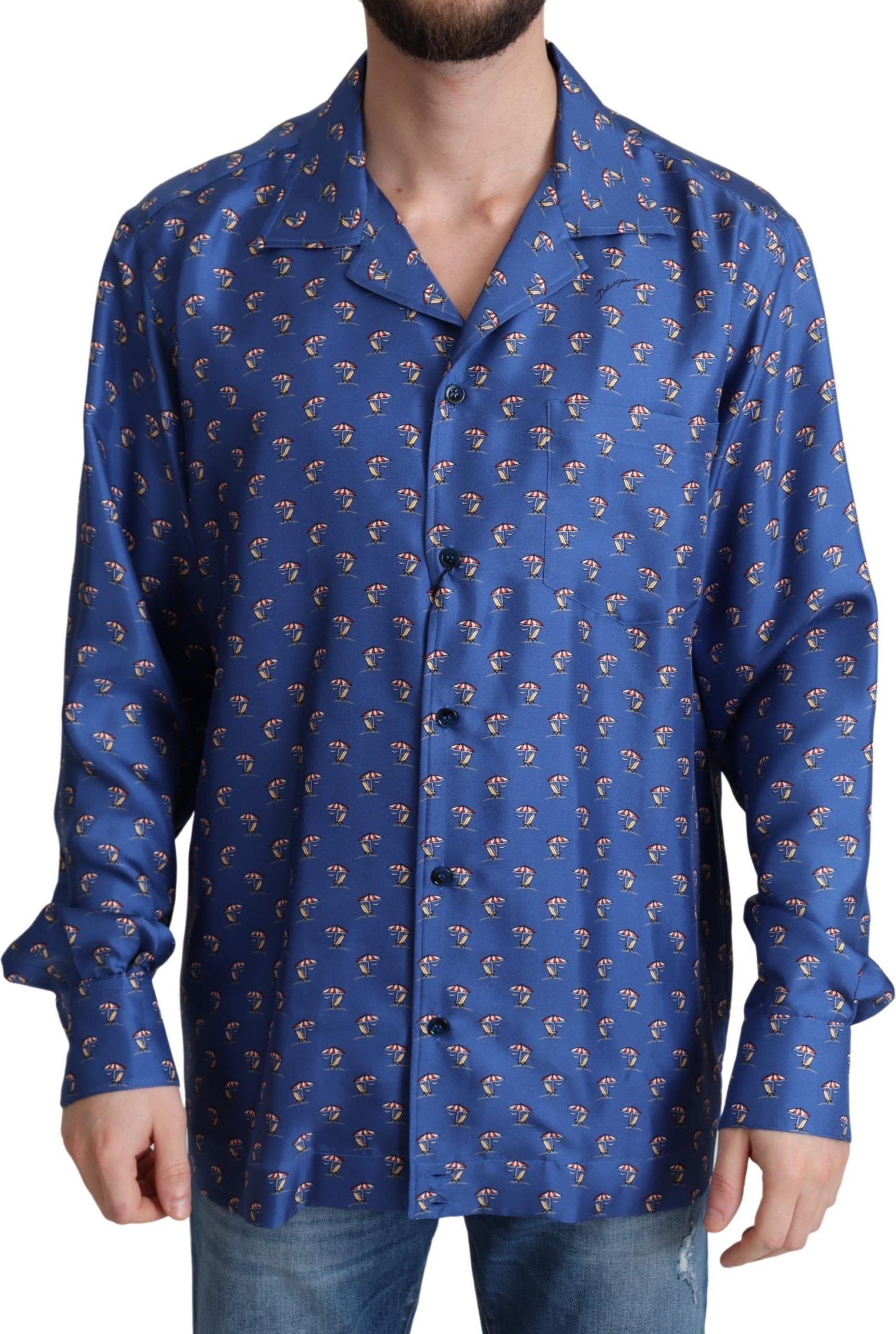 Shirt Dolce & Gabbana Blue Beach Chair Umbrella Print Silk Shirt