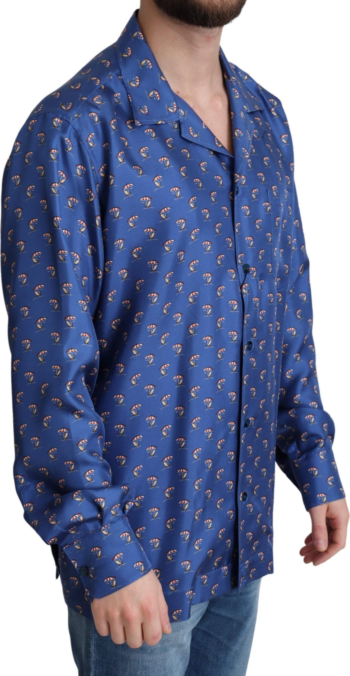 Shirt Dolce & Gabbana Blue Beach Chair Umbrella Print Silk Shirt
