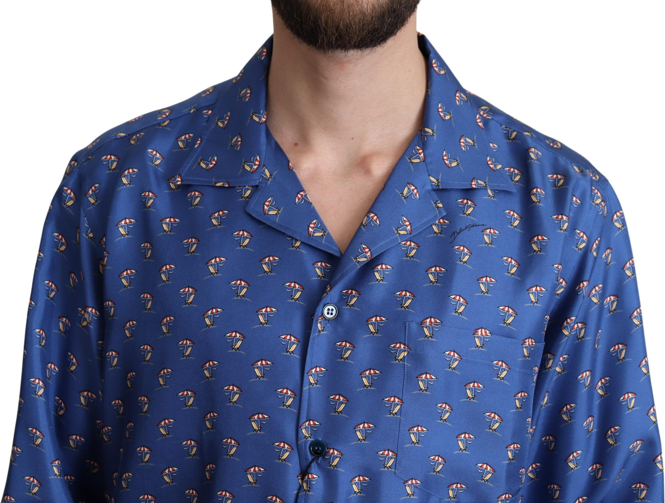 Shirt Dolce & Gabbana Blue Beach Chair Umbrella Print Silk Shirt