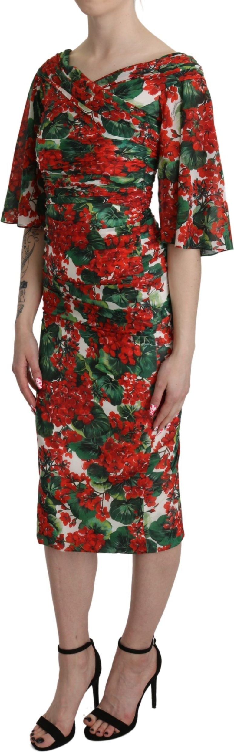 Платье Dolce & Gabbana Красное с цветочным принтом, футляр, миди, шелк стрейч