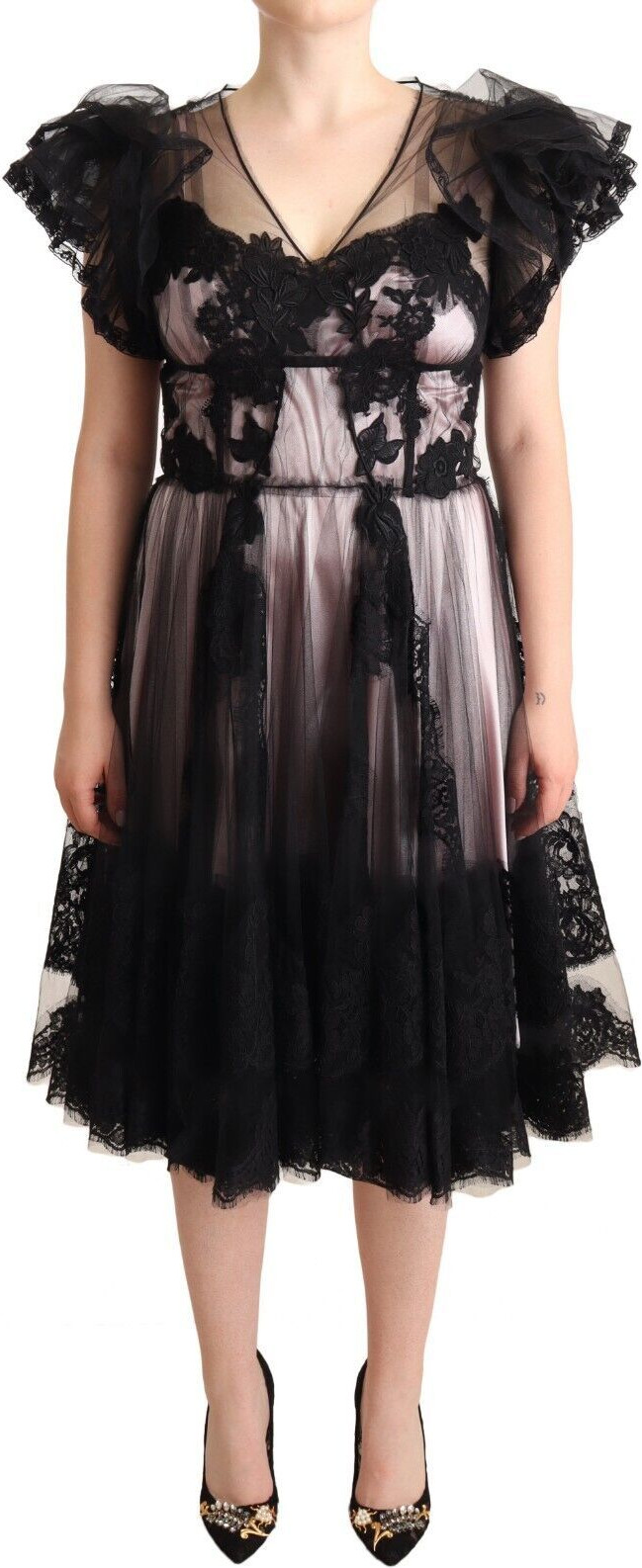 Libos Dolce & Gabbana Qora Pink Gullar Gipuryu Midi Ko'ylak