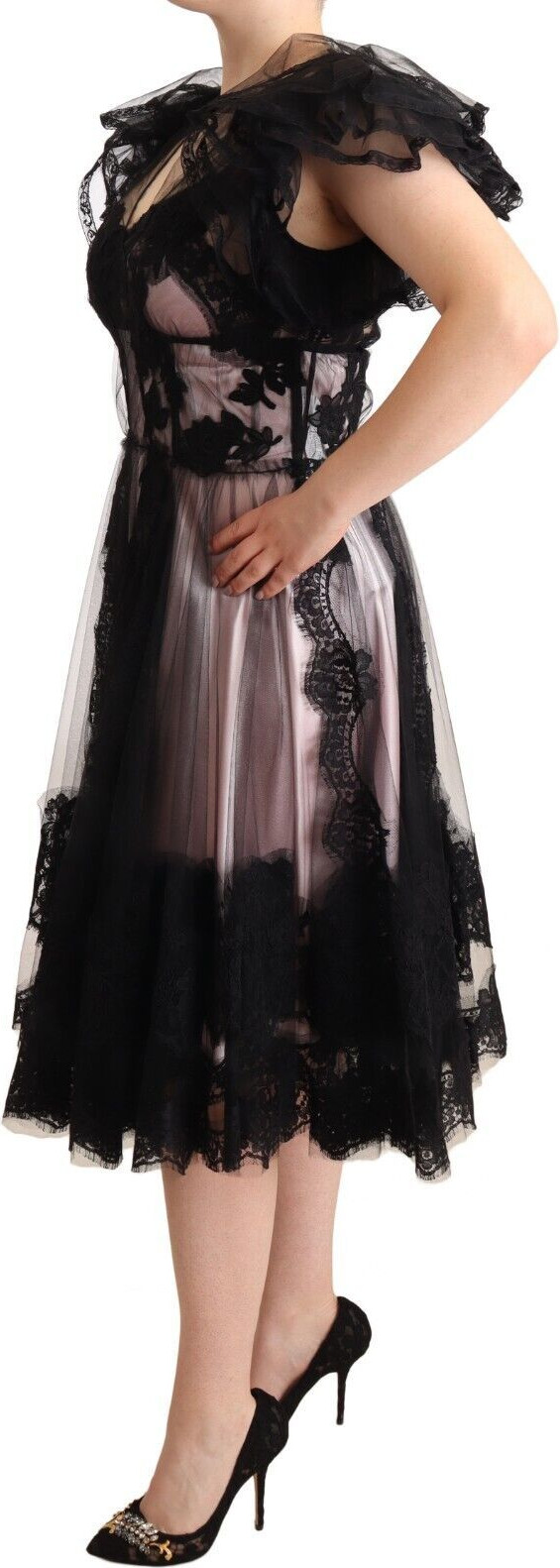 Libos Dolce & Gabbana Qora Pink Gullar Gipuryu Midi Ko'ylak