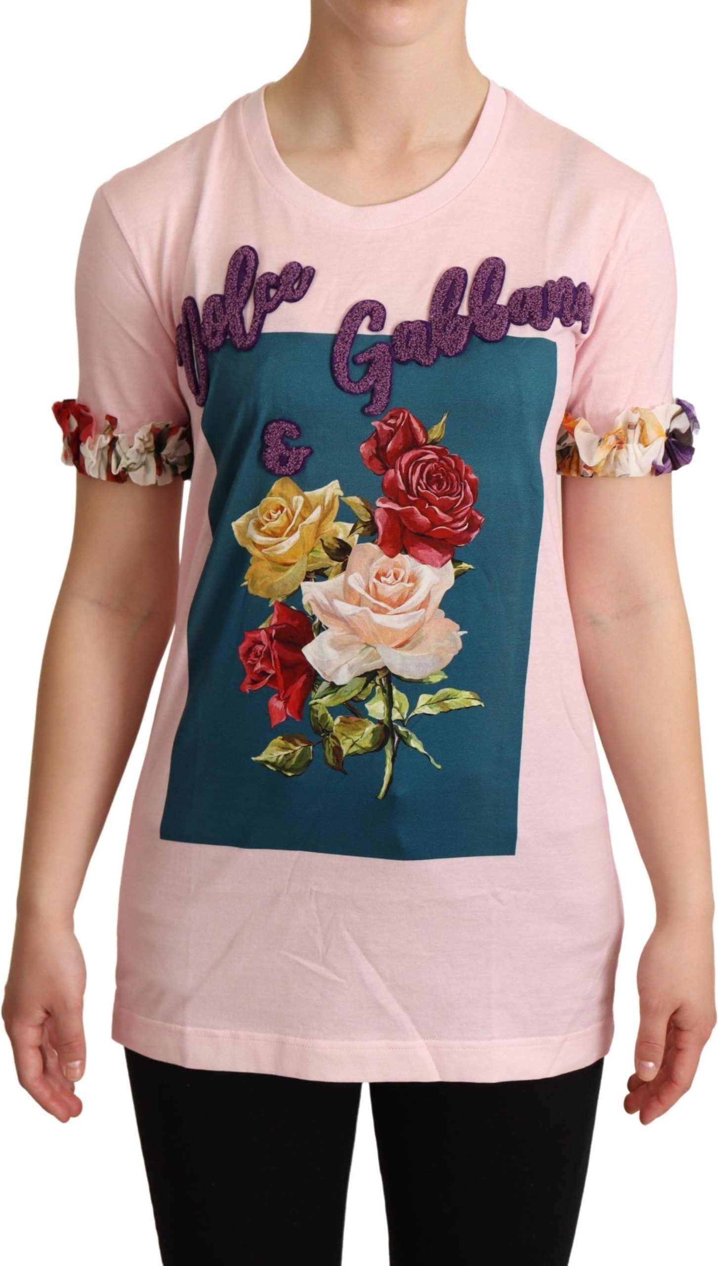 T-shirt Dolce & Gabbana Pink Cotton Floral Roses Crewneck