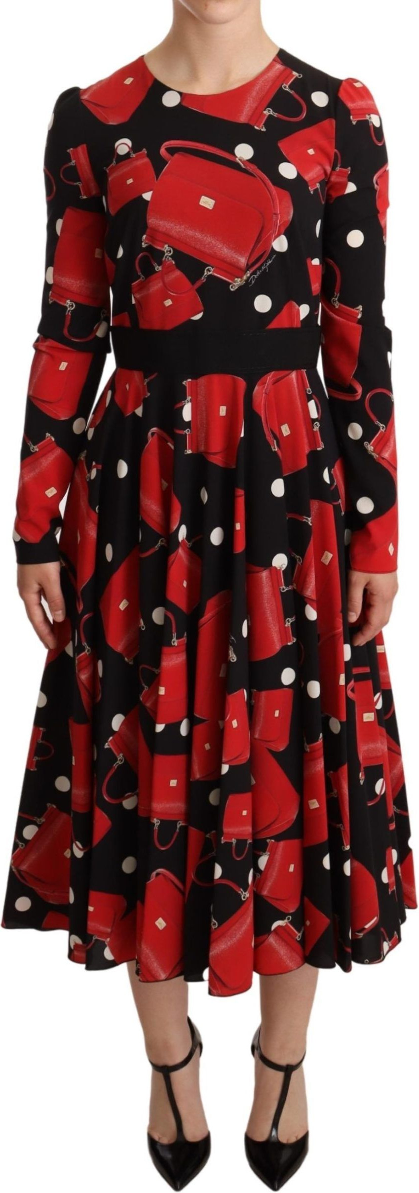 Dress Dolce & Gabbana Black Sicily Bag Print Flared Midi Dress