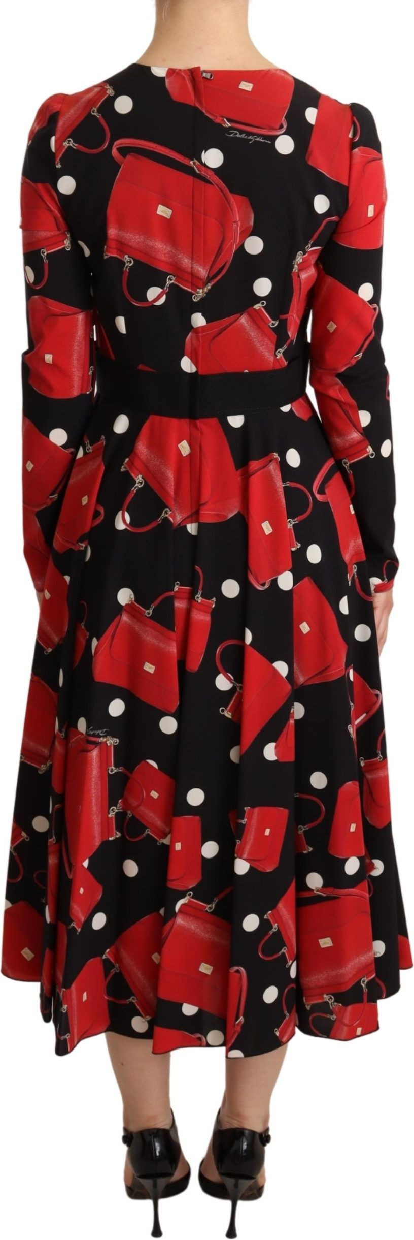 Dress Dolce & Gabbana Black Sicily Bag Print Flared Midi Dress