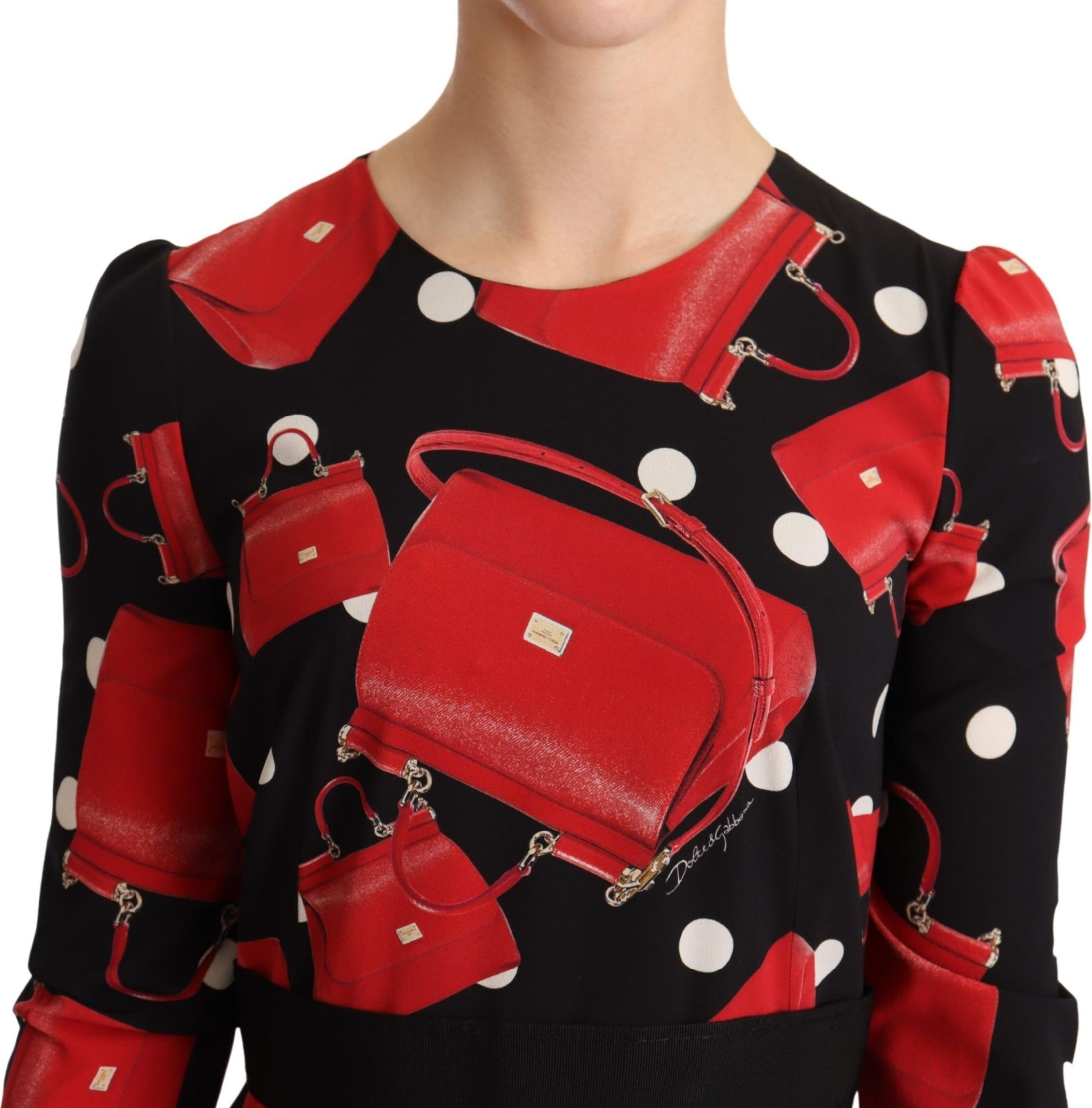 Dress Dolce & Gabbana Black Sicily Bag Print Flared Midi Dress