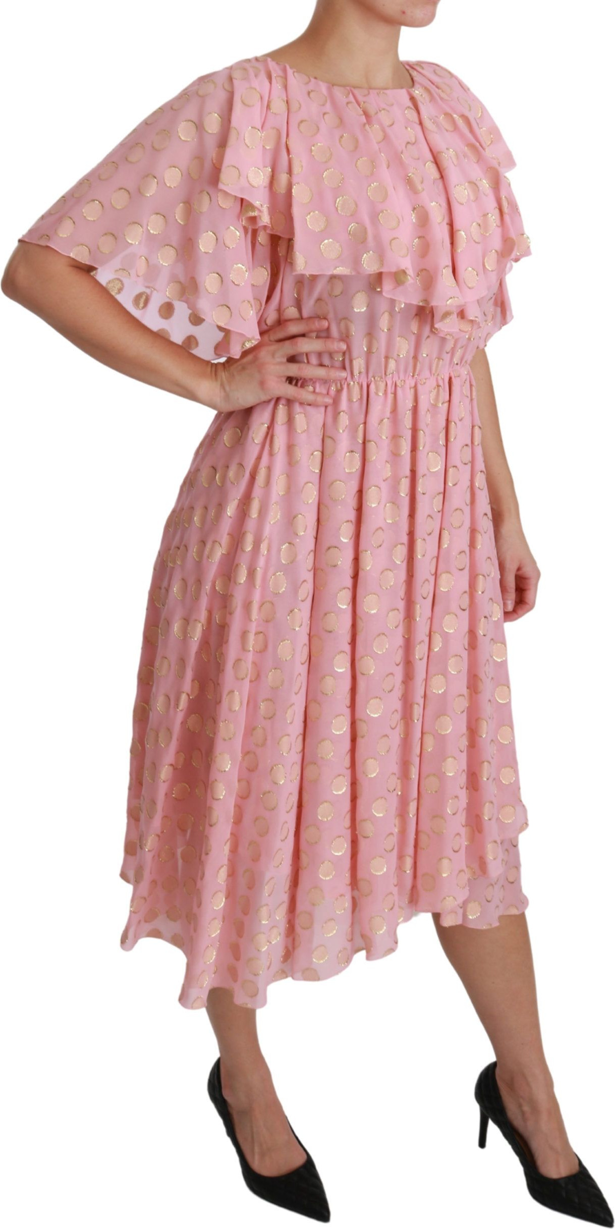 Dress Dolce & Gabbana Silk Pink Polka Dots Pleated A-line Midi