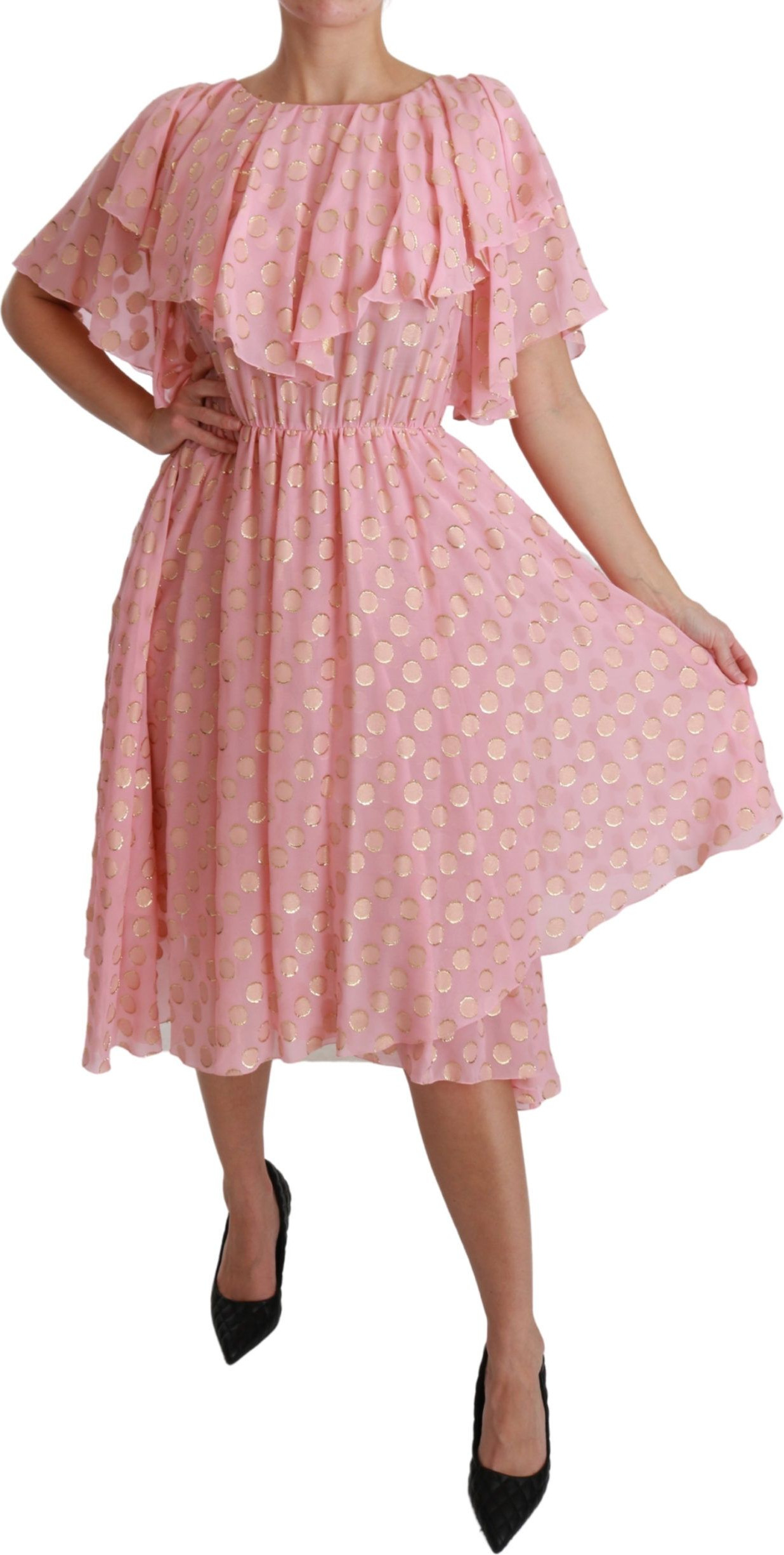 Dress Dolce & Gabbana Silk Pink Polka Dots Pleated A-line Midi