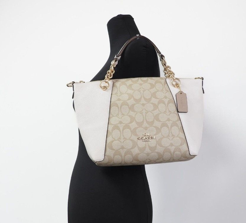 Sumka "Satchel Handbag Coach Kacey Light Khaki Chalk Coated Canvas Top Zip"