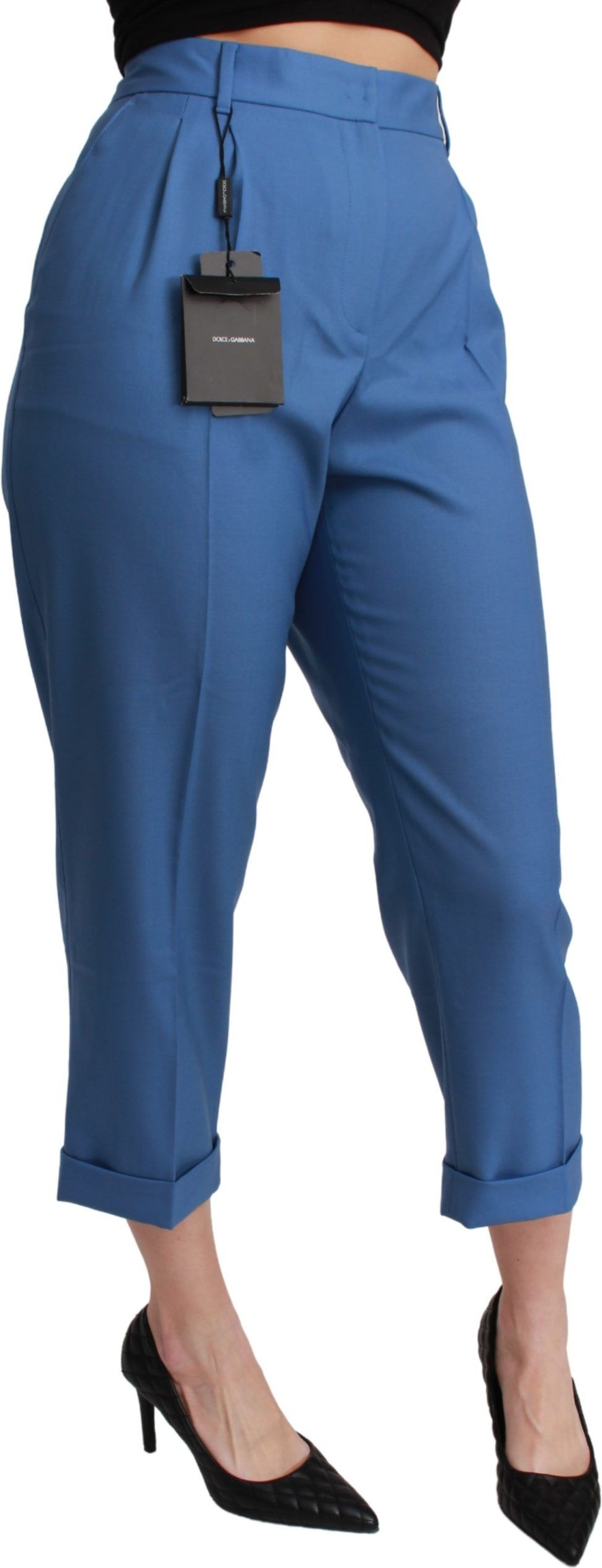 Trouser Pants Dolce & Gabbana Blue Pleated Wool Cuffed Cropped