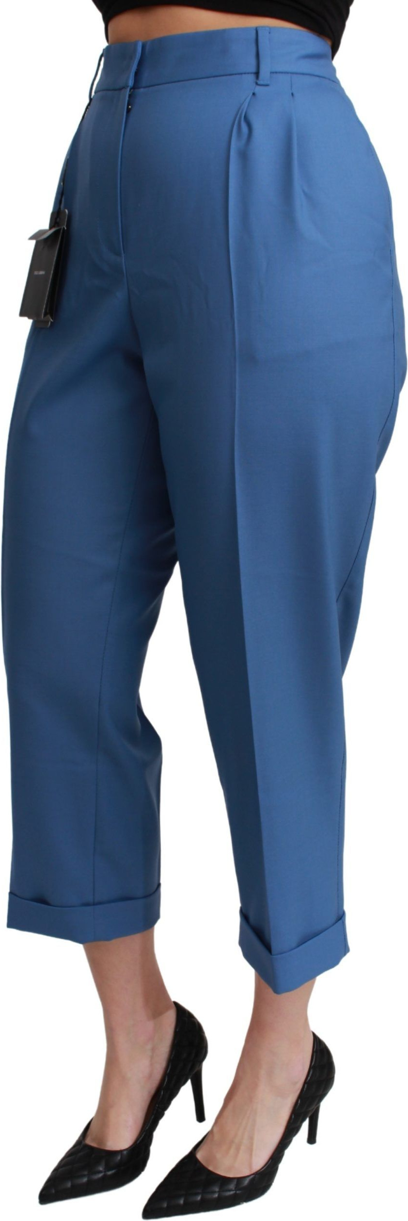 Trouser Pants Dolce & Gabbana Blue Pleated Wool Cuffed Cropped
