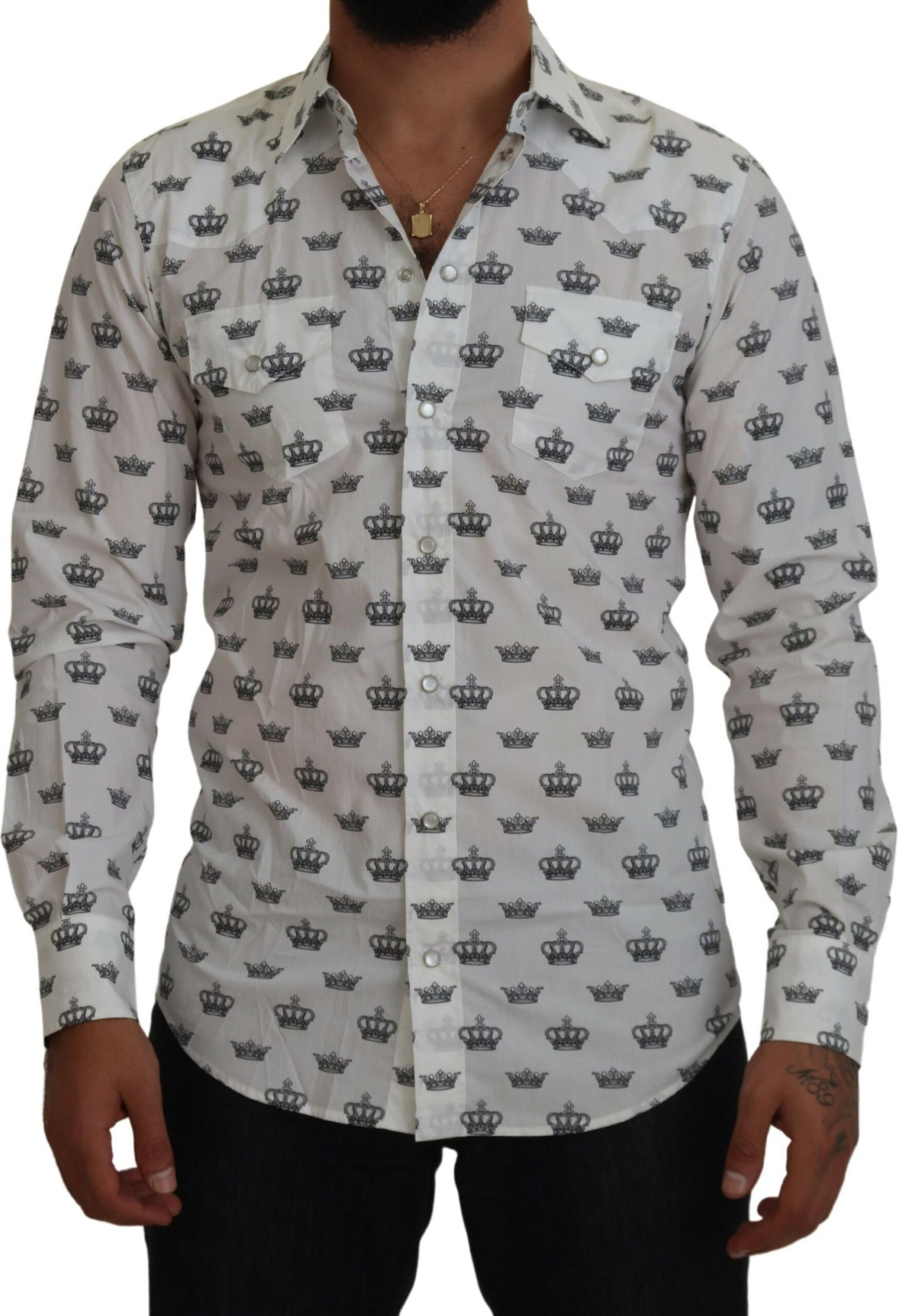 Shirt Dolce & Gabbana White Crown Print Slim Fit Cotton