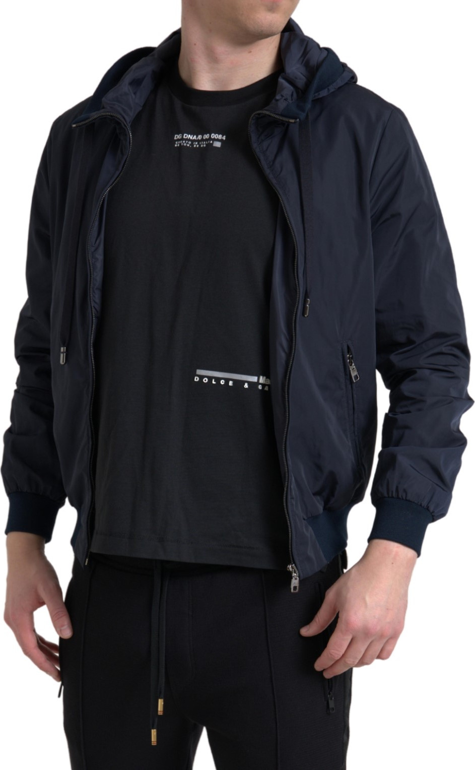 Dolce & Gabbana Moviy Kapyushonli Logotipli Polyester Liboslio Yangi Switer