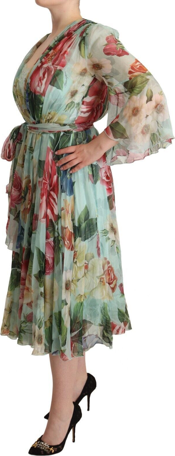 Dress Dolce & Gabbana Green Floral Long Sleeves Midi Dress