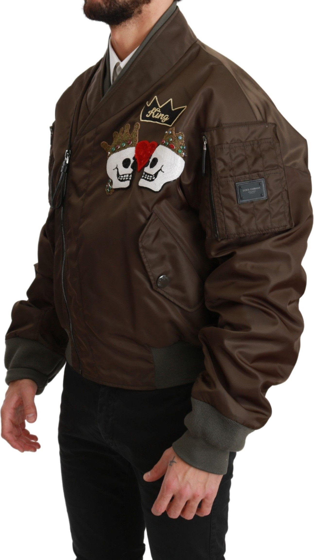 Jacket Dolce & Gabbana Brown Beaded Crown Skull Logo