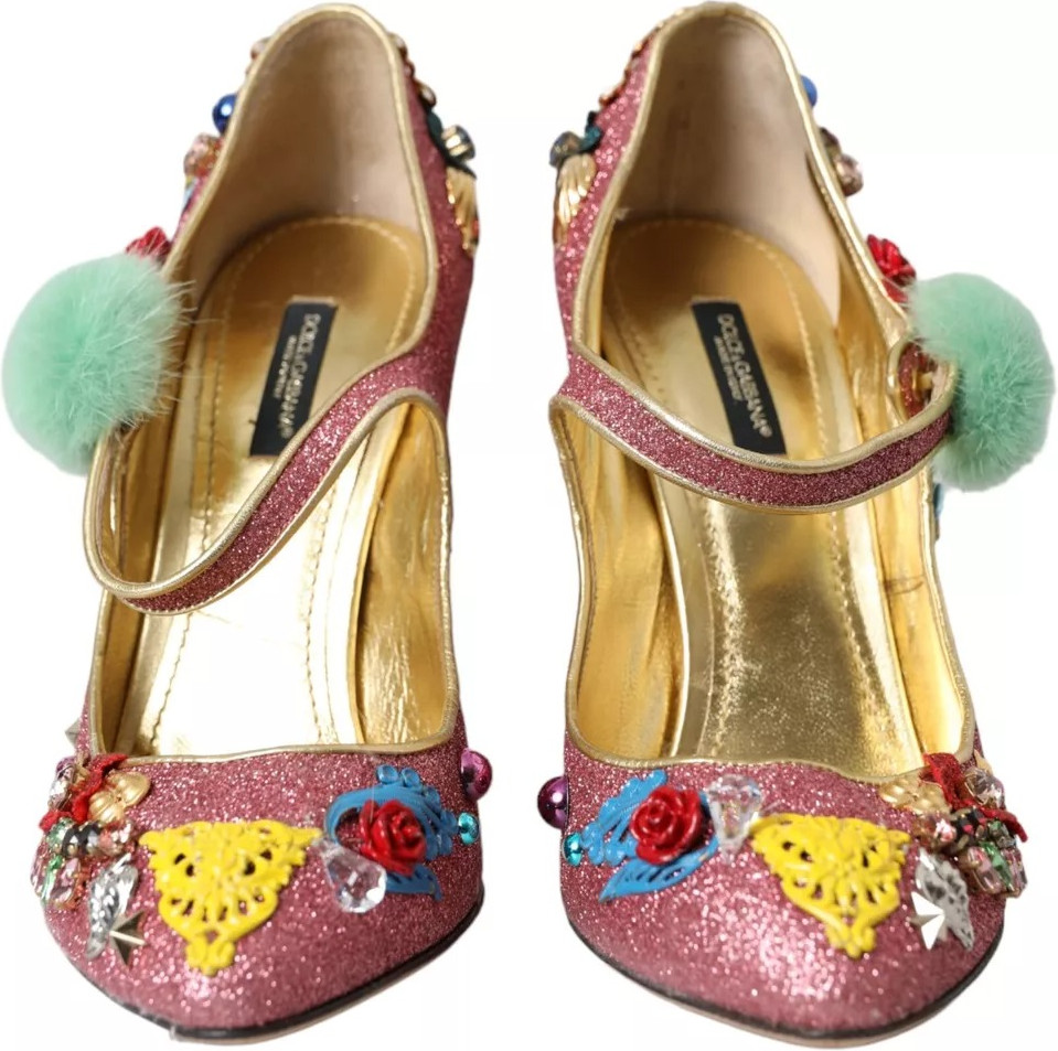 Туфли-лодочки Dolce & Gabbana Розовые с мехом и украшениями Мэри Джейн