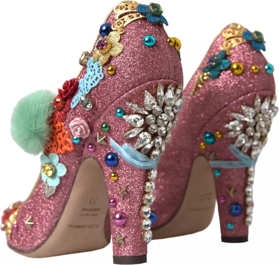 Туфли-лодочки Dolce & Gabbana Розовые с мехом и украшениями Мэри Джейн