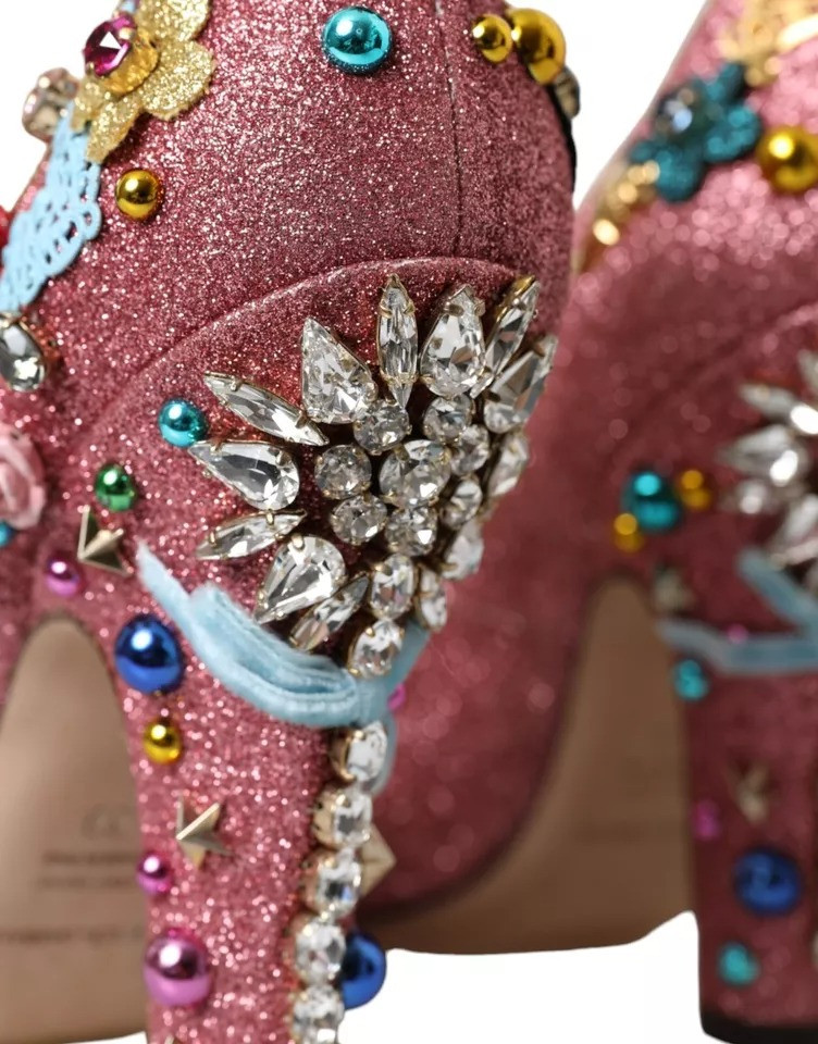 Туфли-лодочки Dolce & Gabbana Розовые с мехом и украшениями Мэри Джейн