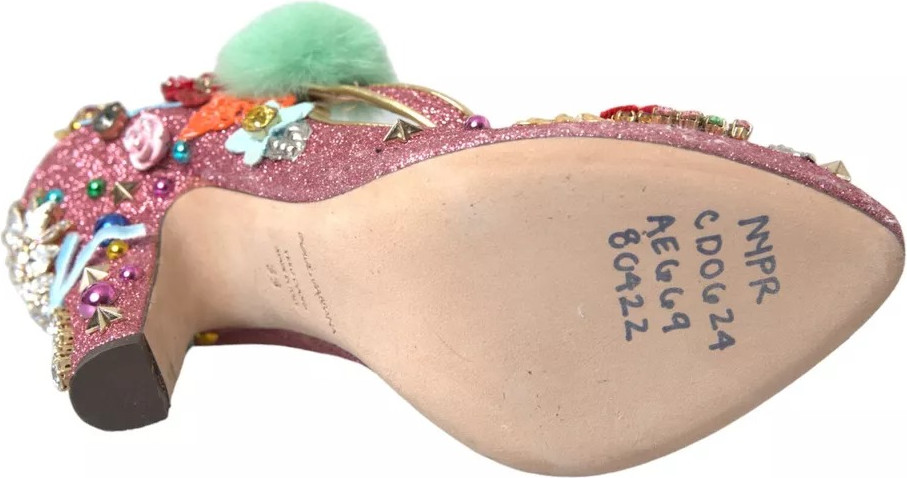 Туфли-лодочки Dolce & Gabbana Розовые с мехом и украшениями Мэри Джейн