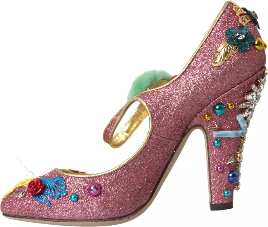 Туфли-лодочки Dolce & Gabbana Розовые с мехом и украшениями Мэри Джейн
