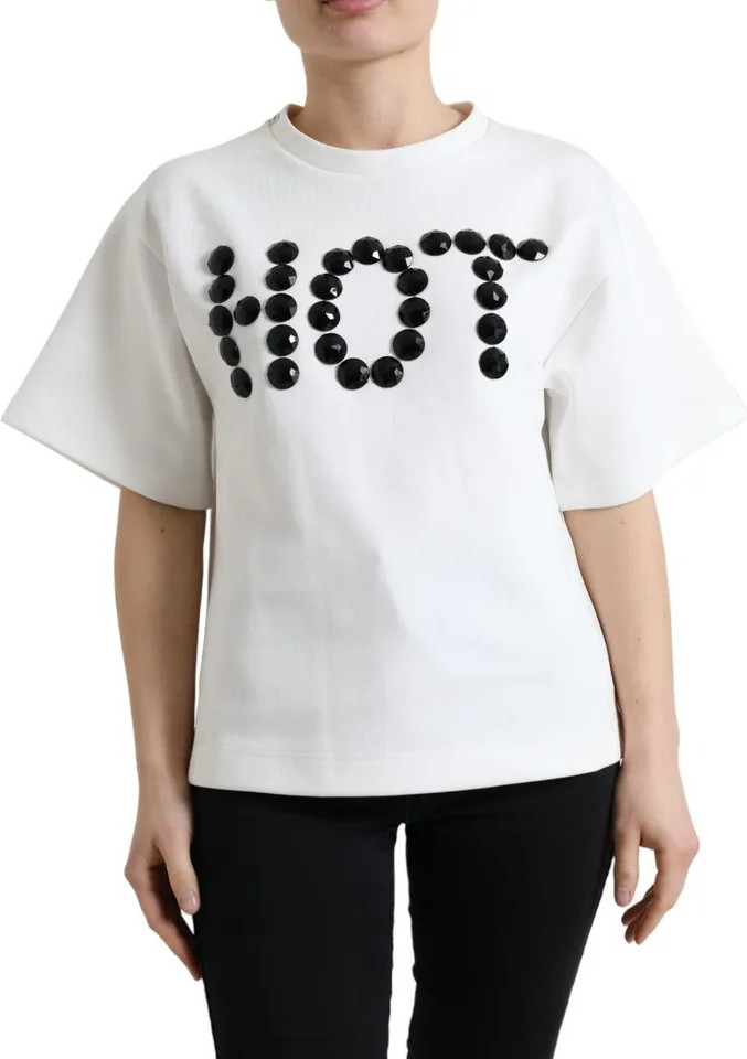 T-shirt Dolce & Gabbana White Cotton Stretch Black HOT Crystal
