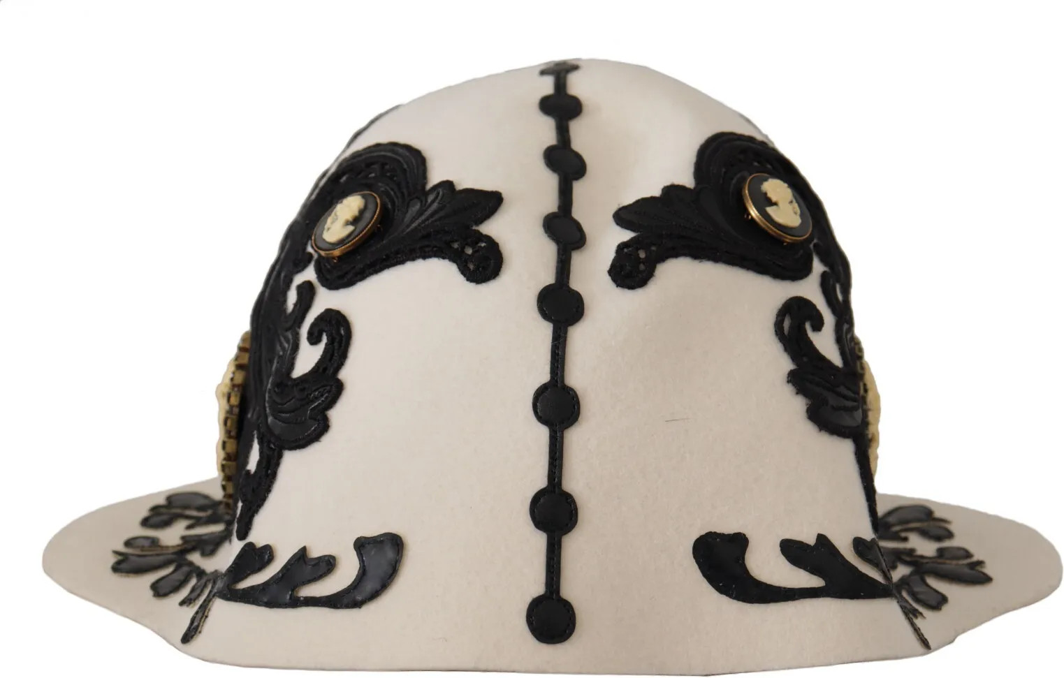 Hat Dolce & Gabbana White Black Wool Embroidered Cameo Brooch