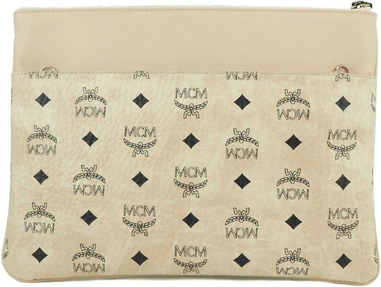 Flat Pouch MCM Portuna Medium Visetos Beige Coated Canvas Flat Pouch Crossbody Clutch Bag