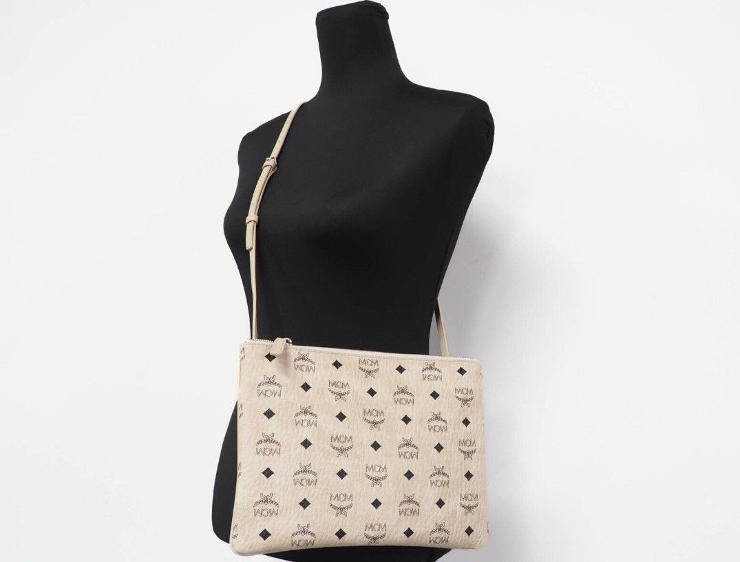 Flat Pouch MCM Portuna Medium Visetos Beige Coated Canvas Flat Pouch Crossbody Clutch Bag