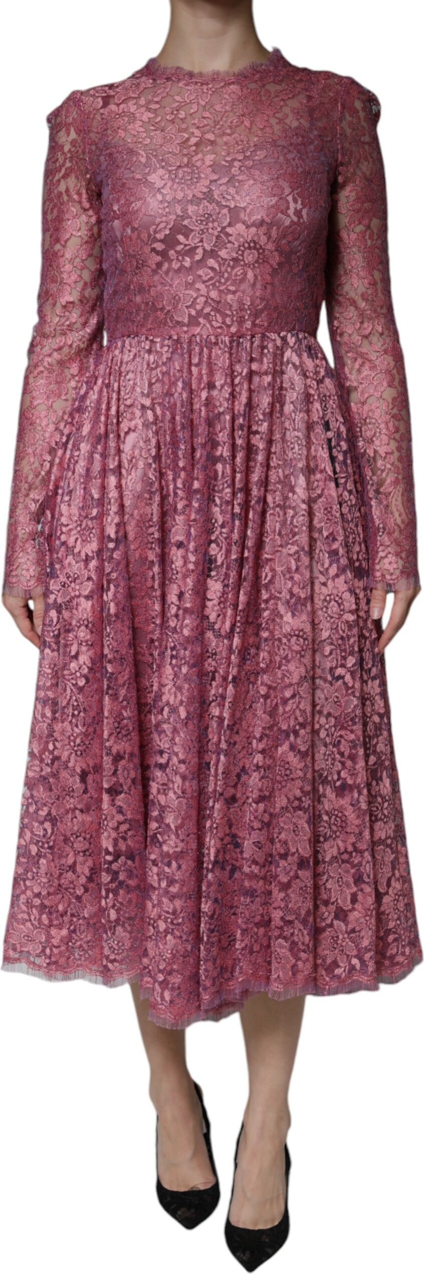 Maxi Dress Dolce & Gabbana Fuchsia Floral Lace Long Sleeve