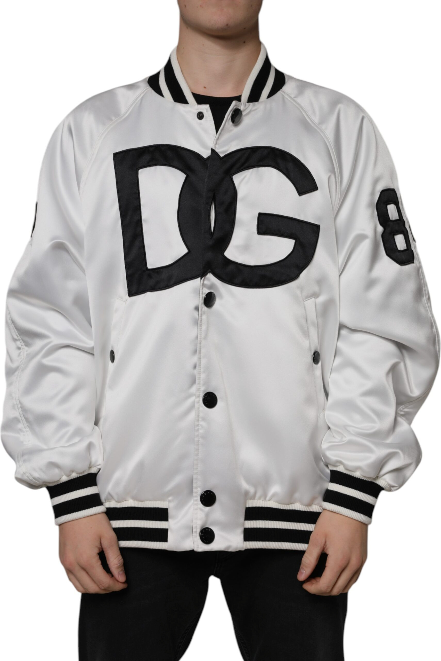 Jacket Dolce & Gabbana White Polyester Logo Full Zip Bomber Jacket