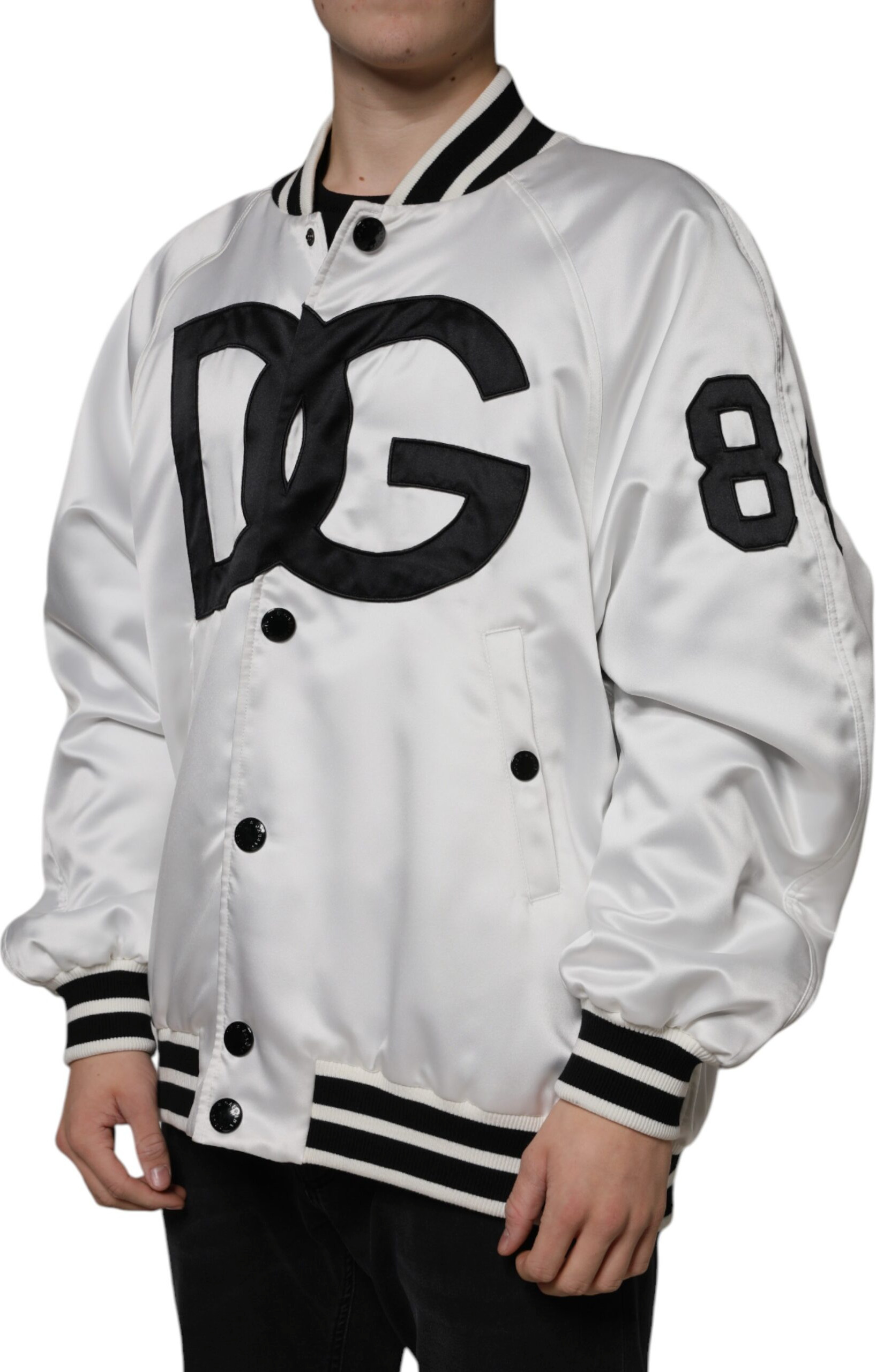 Jacket Dolce & Gabbana White Polyester Logo Full Zip Bomber Jacket
