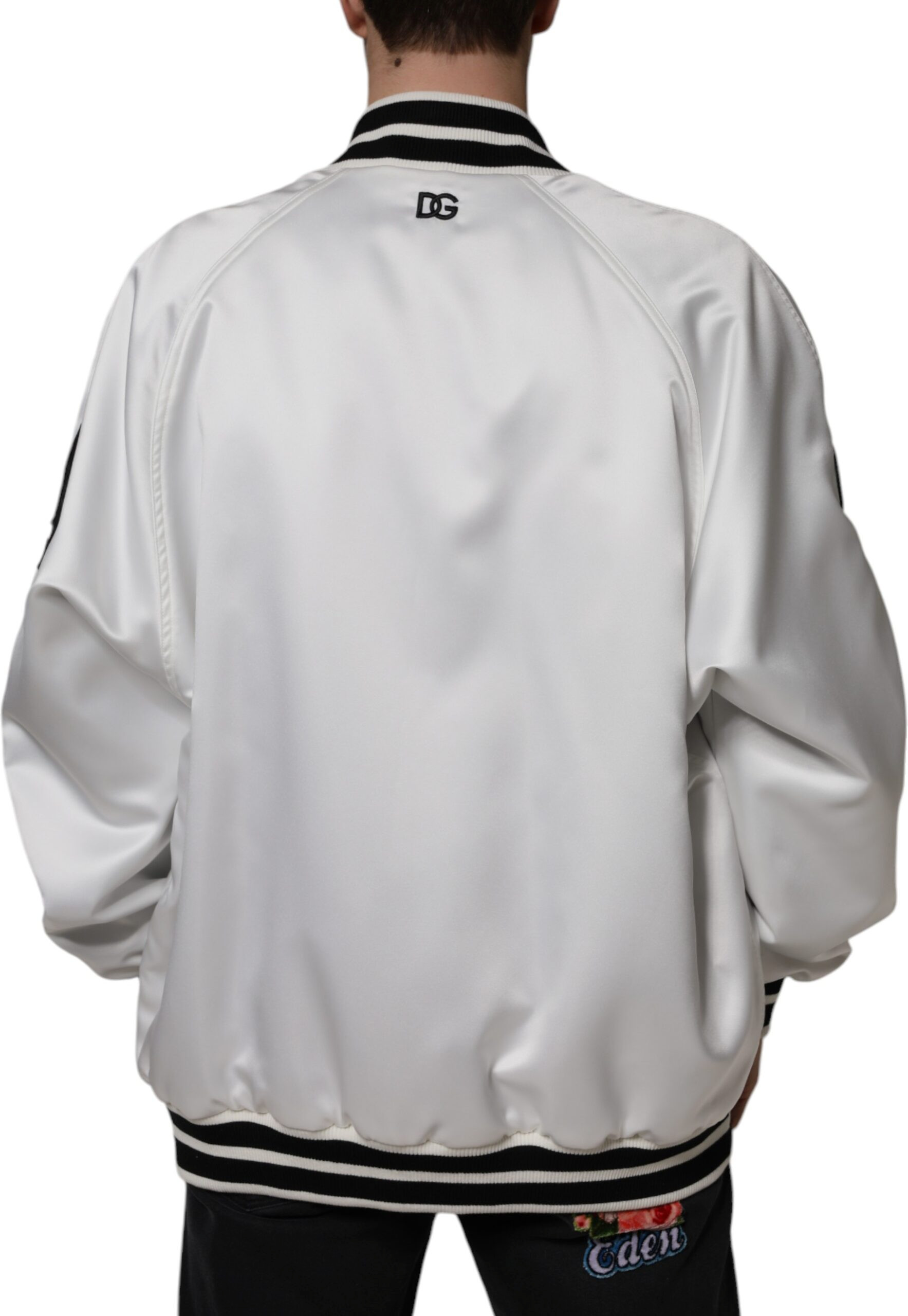 Jacket Dolce & Gabbana White Polyester Logo Full Zip Bomber Jacket