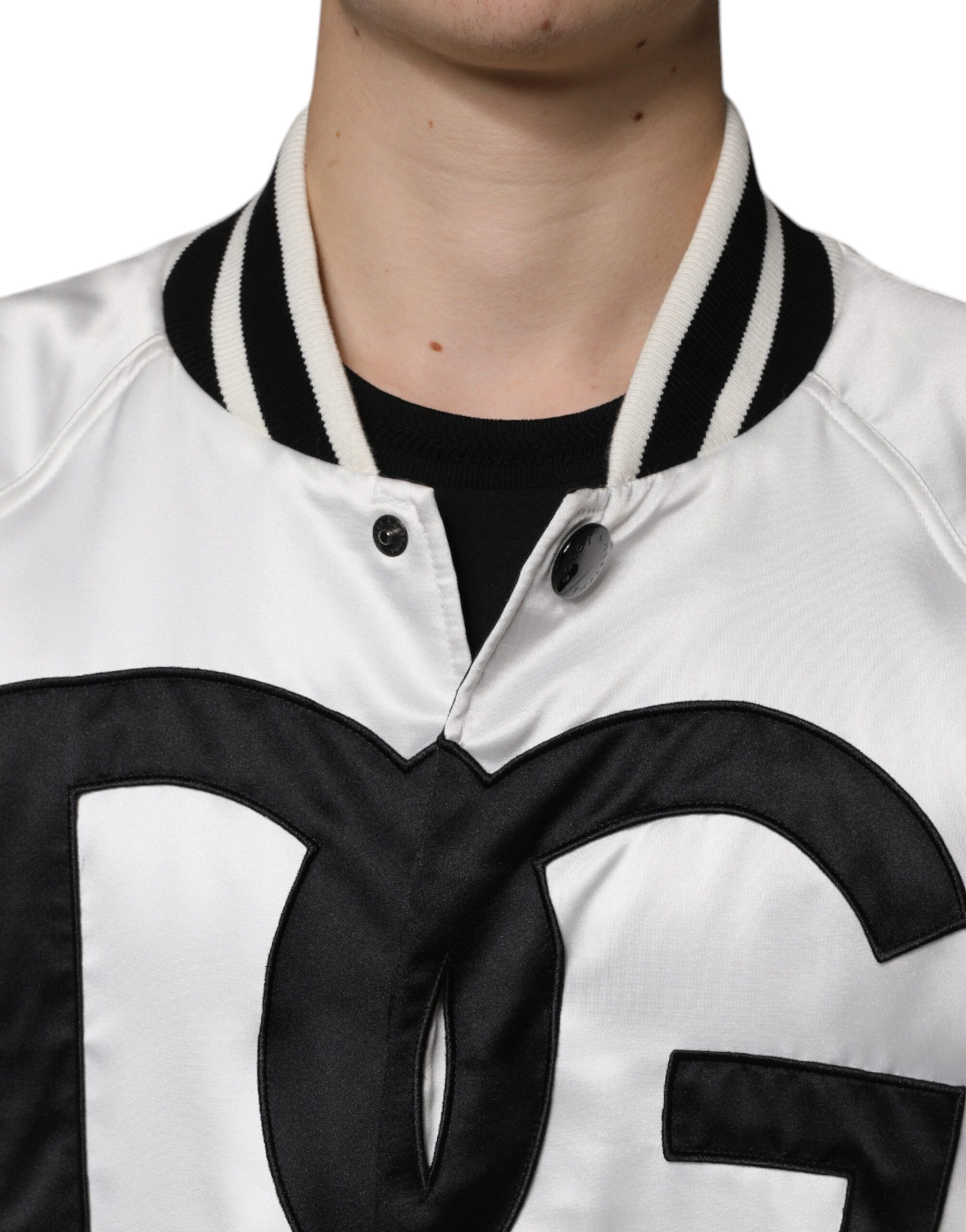 Jacket Dolce & Gabbana White Polyester Logo Full Zip Bomber Jacket