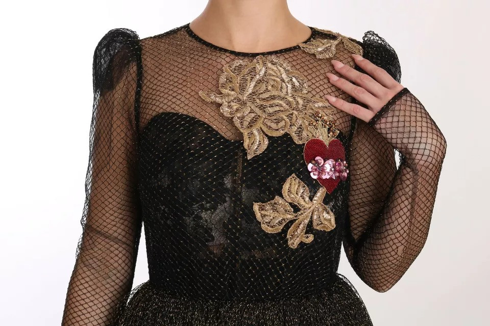 Платье Dolce & Gabbana Черное Золотое Сердце с Кристаллами А-силуэта