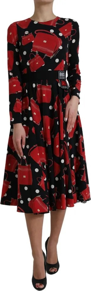 Платье Dolce & Gabbana Черное Миди с Принтом Сумок Sicily и Клешеной Юбкой