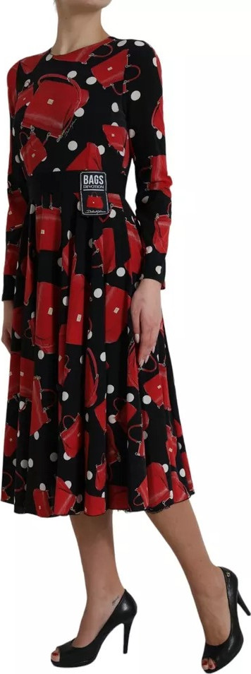 Платье Dolce & Gabbana Черное Миди с Принтом Сумок Sicily и Клешеной Юбкой