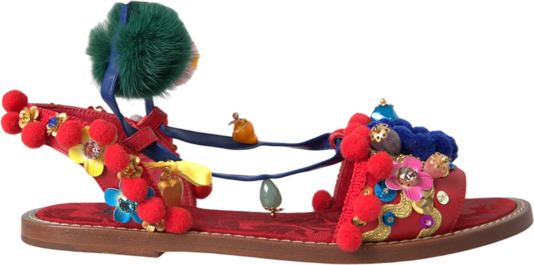 Dolce & Gabbana Multicolor Pom Pom Fur Wrap Sandal Eshituvchi