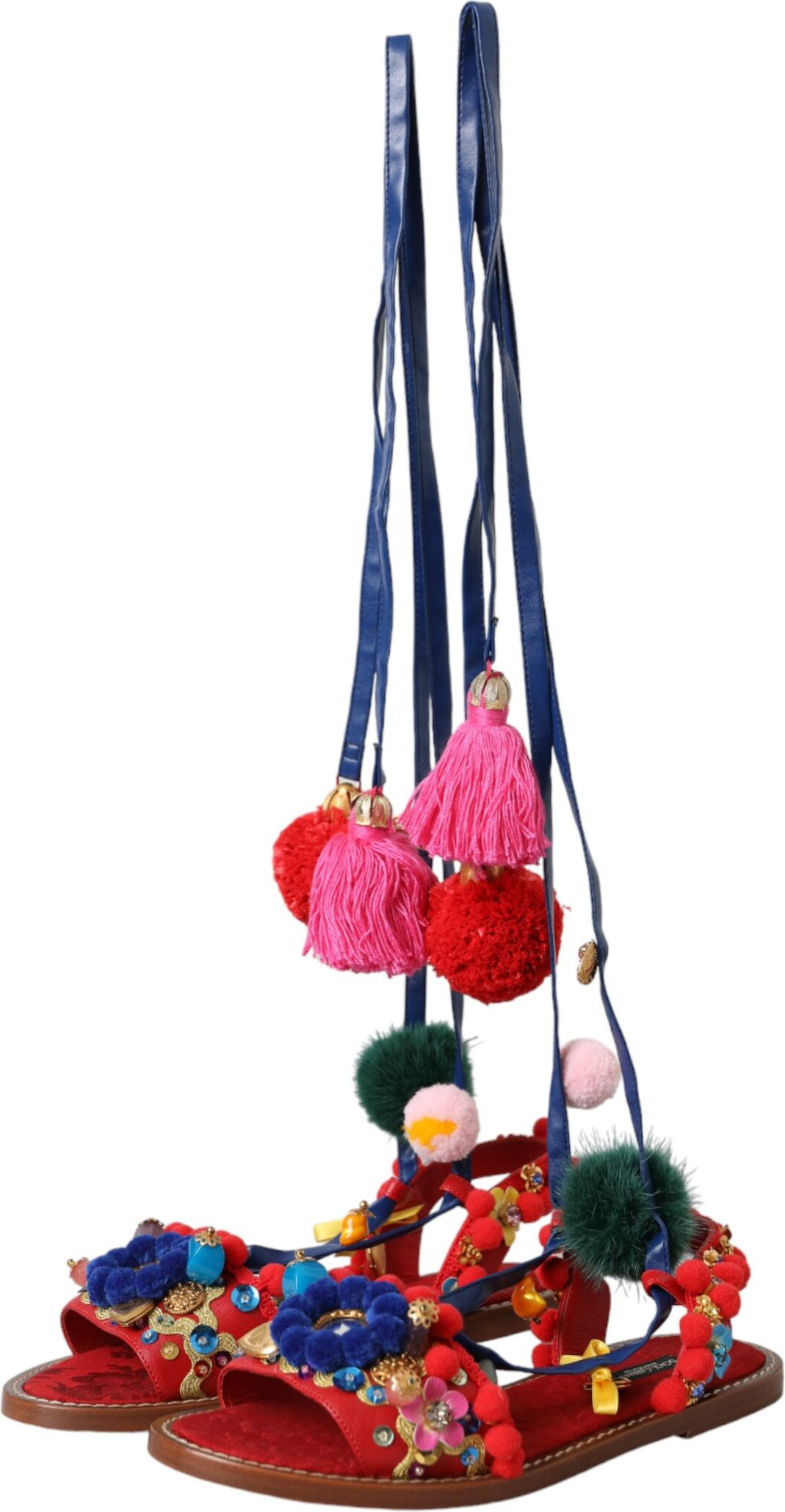 Dolce & Gabbana Multicolor Pom Pom Fur Wrap Sandal Eshituvchi
