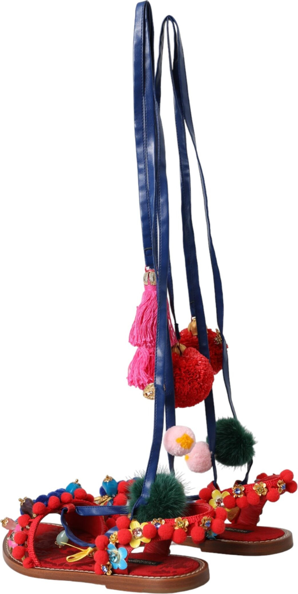 Dolce & Gabbana Multicolor Pom Pom Fur Wrap Sandal Eshituvchi