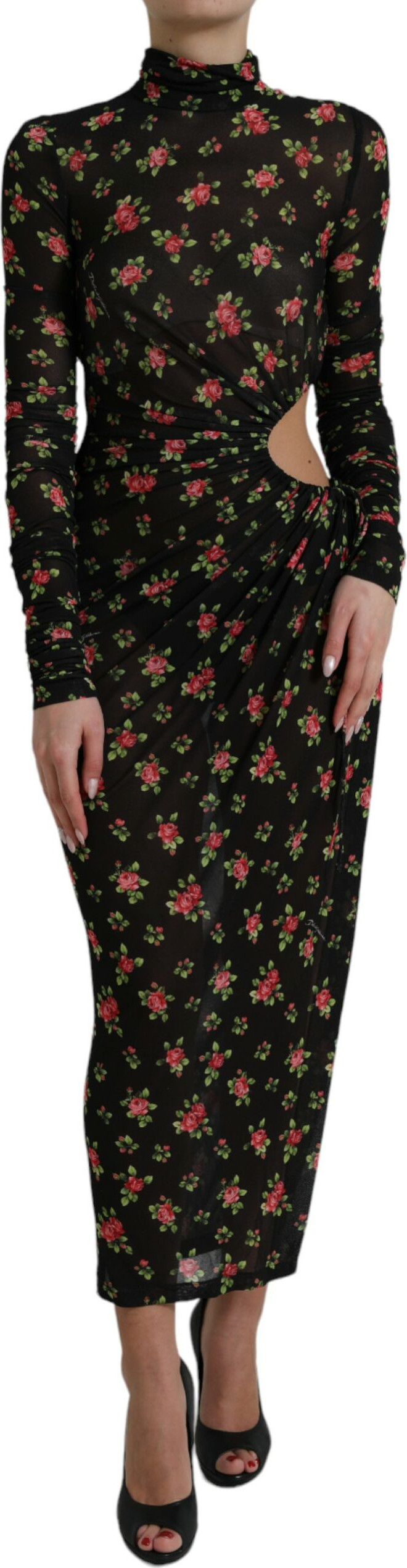 Платье Dolce & Gabbana Черное с цветочным принтом с вырезами футляр Макси