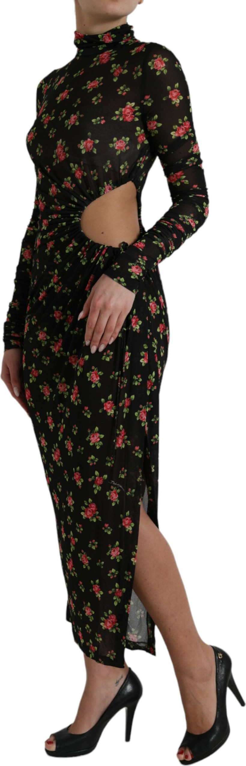 Dolce & Gabbana'dan Qora Gullar Gulchambarli Kesilgan Sheath Maxi Kiyimi