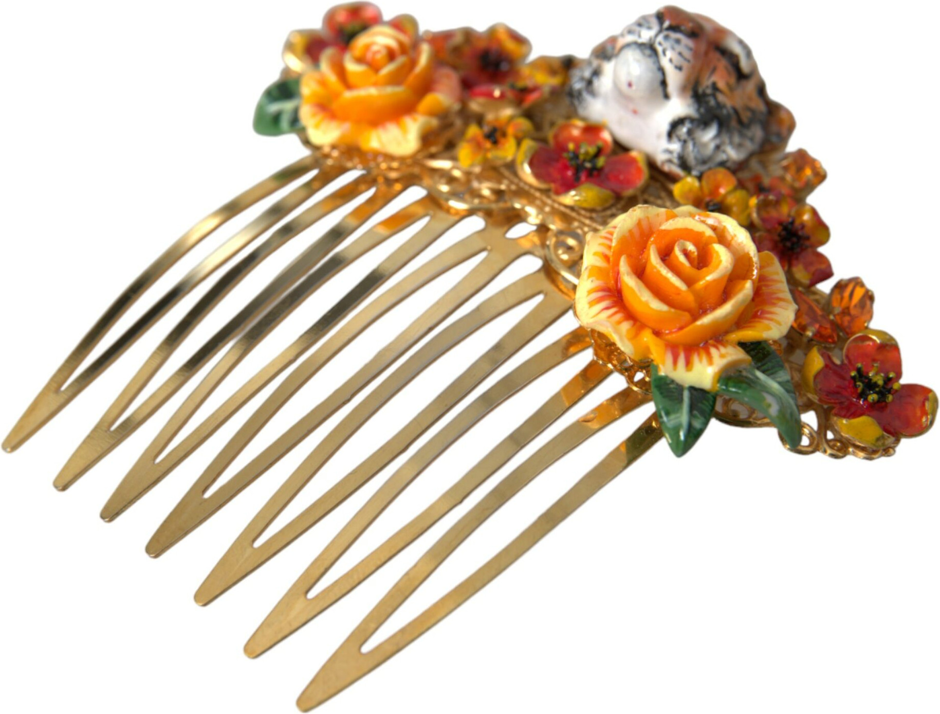 Hair Comb Dolce & Gabbana Gold Brass Crystal Leopard Floral