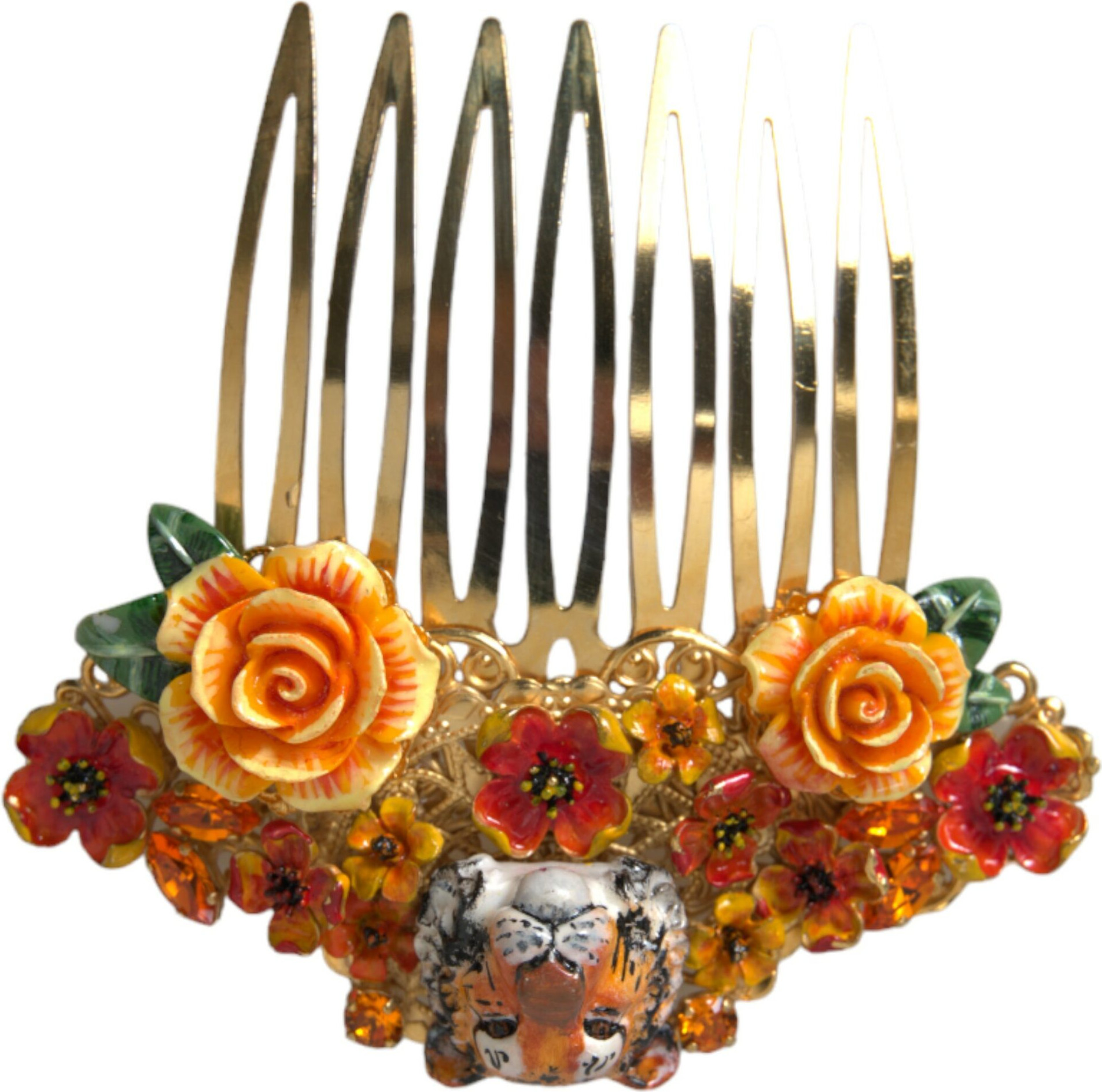 Hair Comb Dolce & Gabbana Gold Brass Crystal Leopard Floral